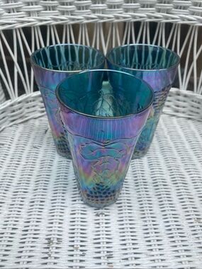 Iridescent Blue Purple Carnival Glass Tumbler - Set of 3